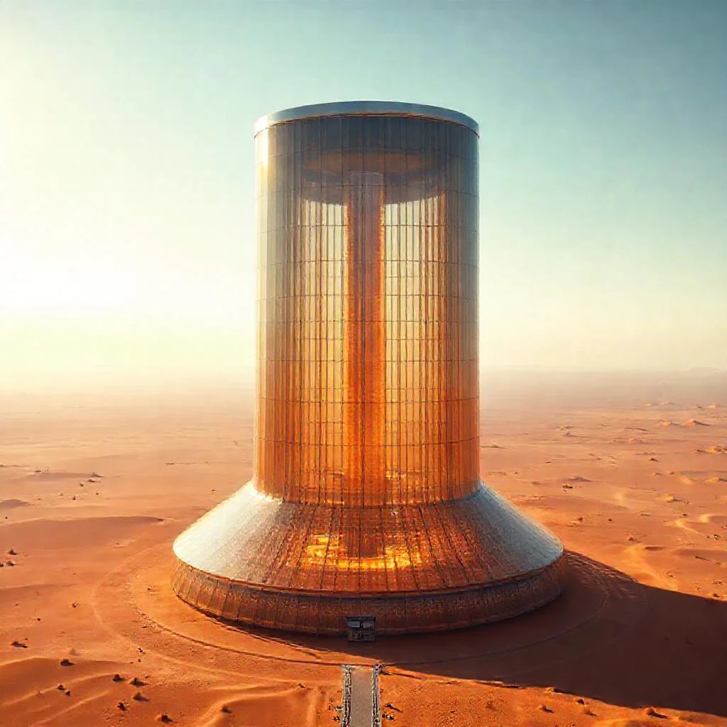 Солнечные восходящие башни (Solar updraft tower): генерация ветра внутри высокой трубы Иллюстрация к статье: Солнечные восходящие башни (Solar updraft tower): генерация ветра внутри высокой трубы