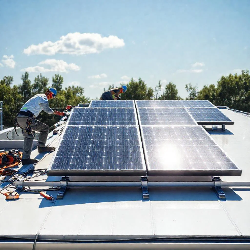 Фото по теме: Установка двусторонних солнечных панелей (bifacial) на плоскую кровлю частного дома