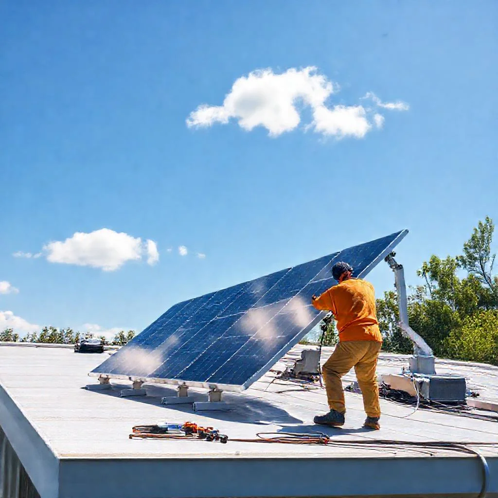 Детальное фото: Установка двусторонних солнечных панелей (bifacial) на плоскую кровлю частного дома