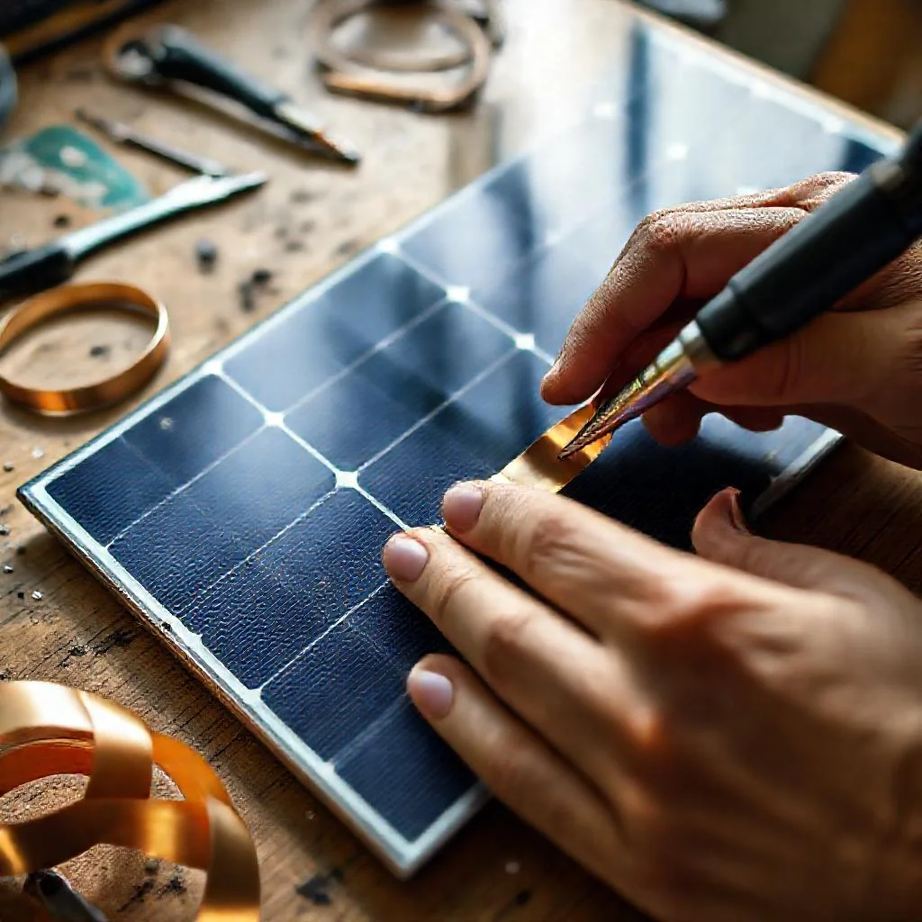Детальное фото: Сборка самодельной солнечной панели из ячеек SunPower на медной ленте с флюсом