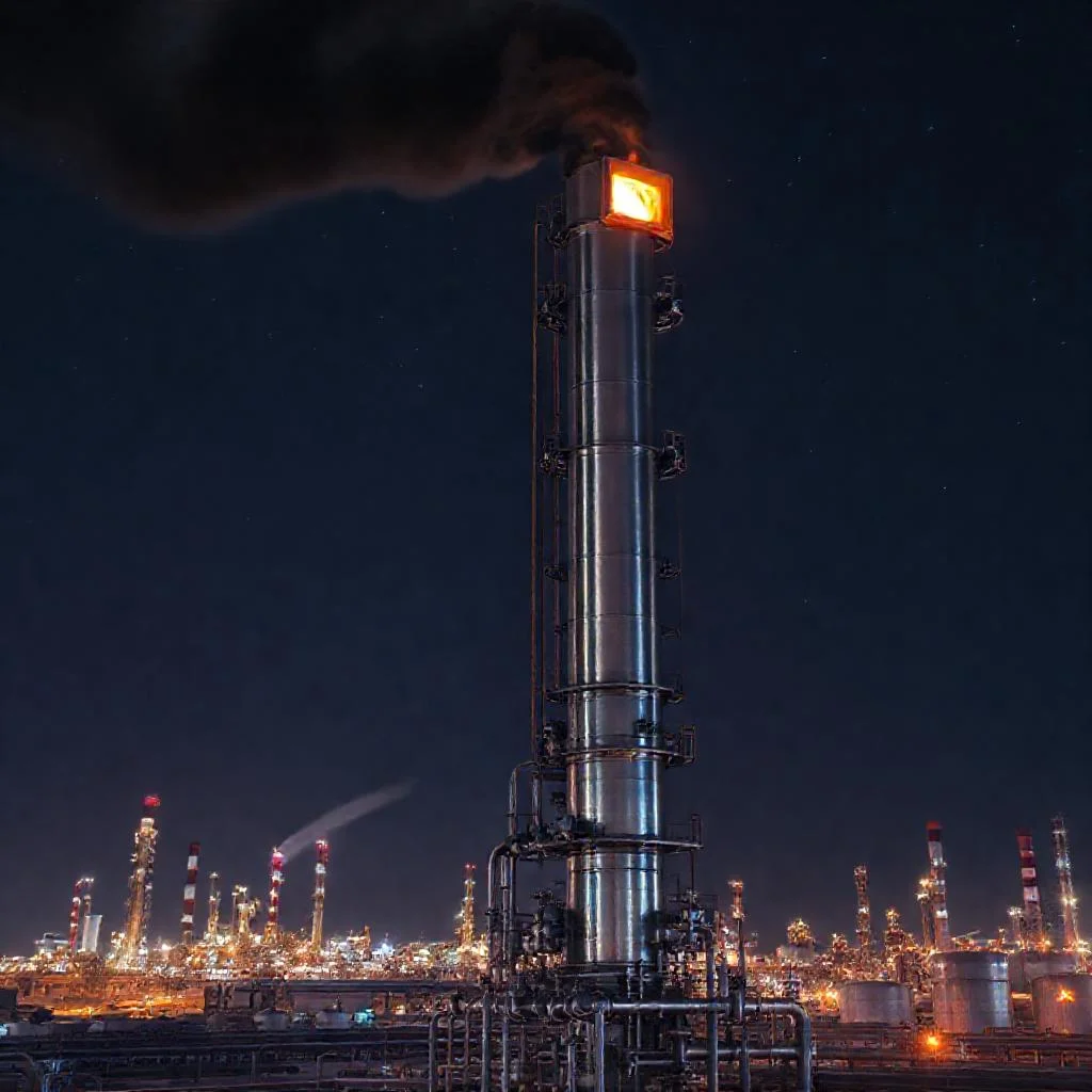 Детальное фото: Как производится закрытый факельный сброс газов на нефтеперерабатывающем заводе